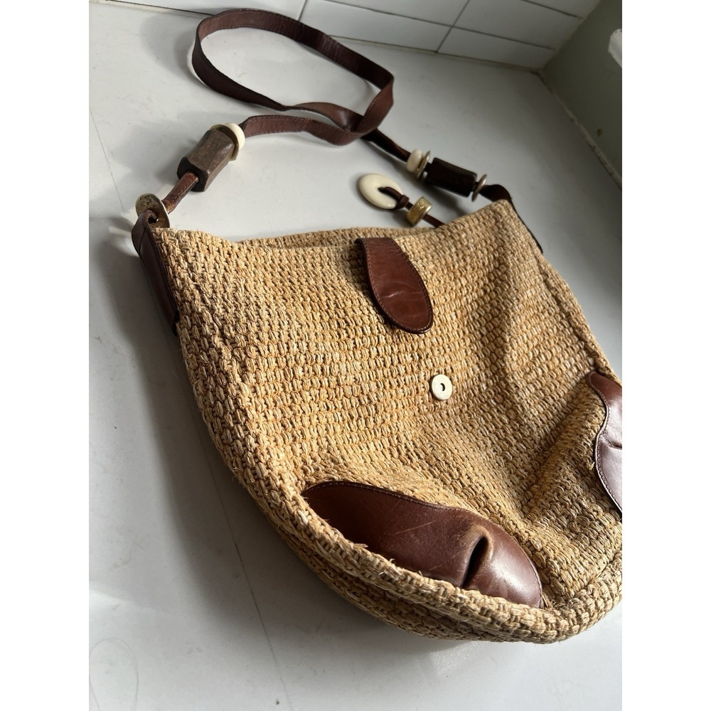 Vtg Dillards Jute Leather Trim Shoulder Handbag Women Tan Brown Lined Bag - Picture 5 of 9